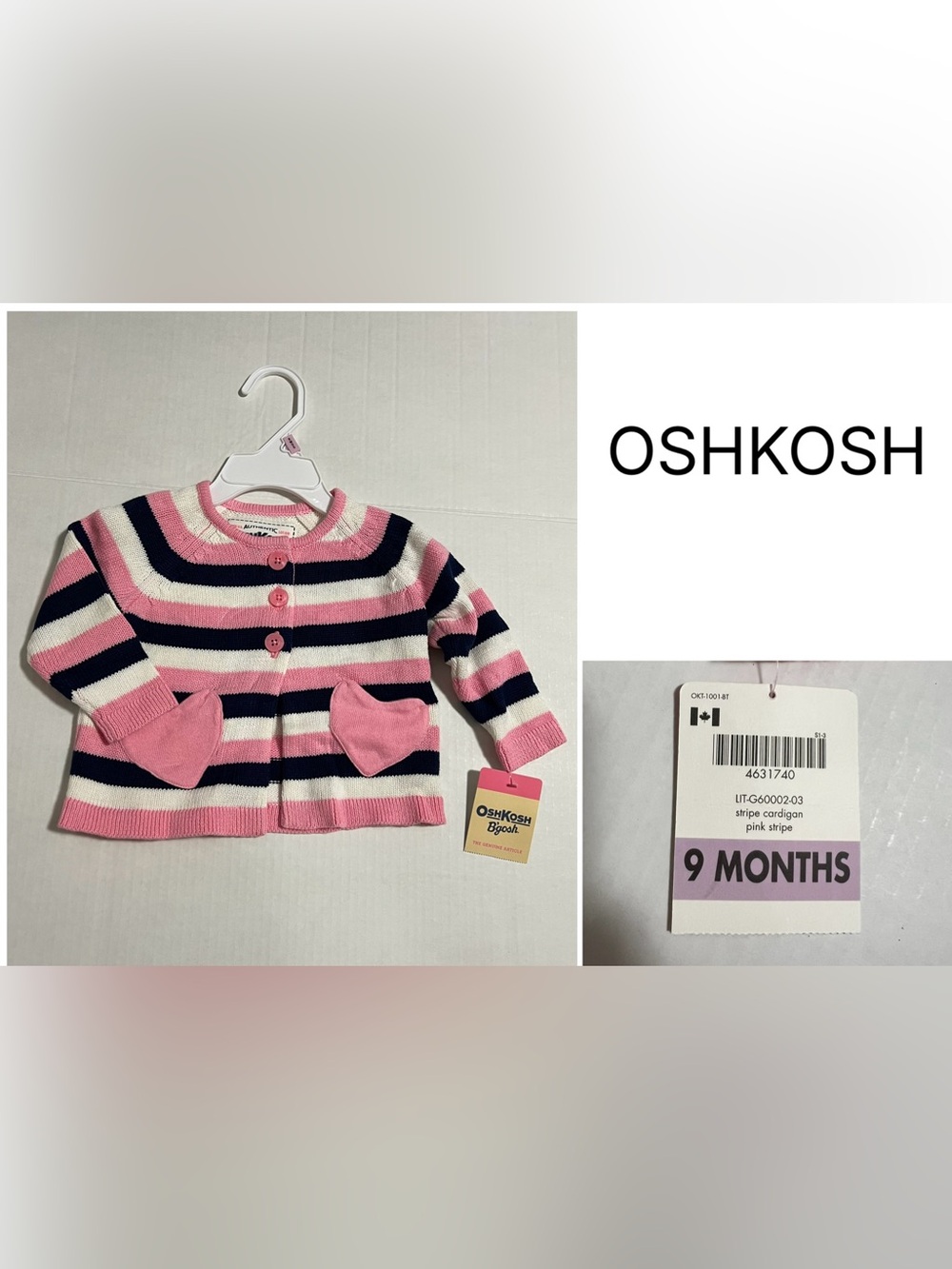 OSHKOSH - 9M - NWT - INFANT GIRLS KNIT STRIPE CARDIGAN SWEATER